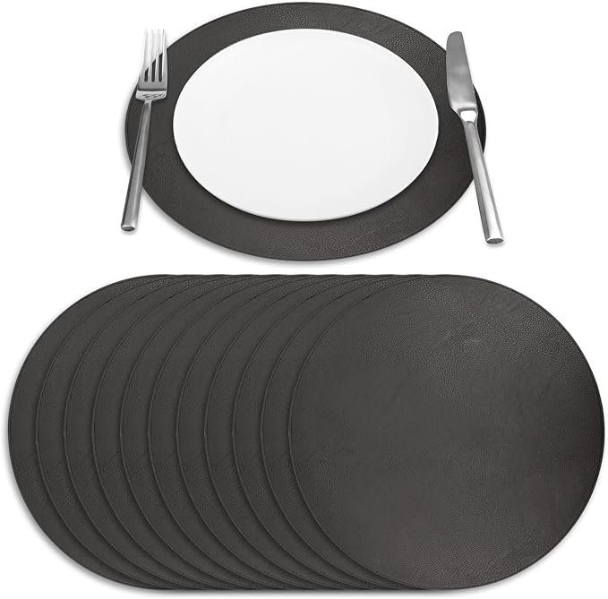 Morgan Faux Leather Round Set of 12 Placemats, 15", Black, Heat Resistant, Stain Resistant, Non-Slip, Reversible, Durable Table Mats for Kitchen, Dining Table, Indoor Washable Use by Homewear