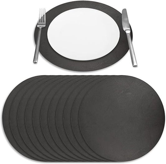 Morgan Faux Leather Round Set of 12 Placemats, 15", Black, Heat Resistant, Stain Resistant, Non-Slip, Reversible, Durable Table Mats for Kitchen, Dining Table, Indoor Washable Use by Homewear