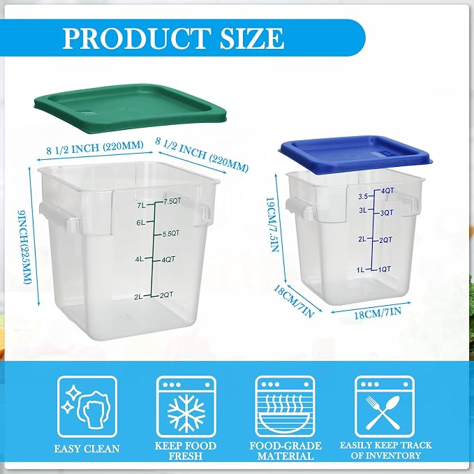Lallisa 4 Pcs 8qt & 4qt Clear Food Storage Containers with Lids Handles and Scales, Stackable Plastic Square Food Storage Containers for Dough Proofing Baking Kitchen Restaurant(Blue, Green) - Image 2