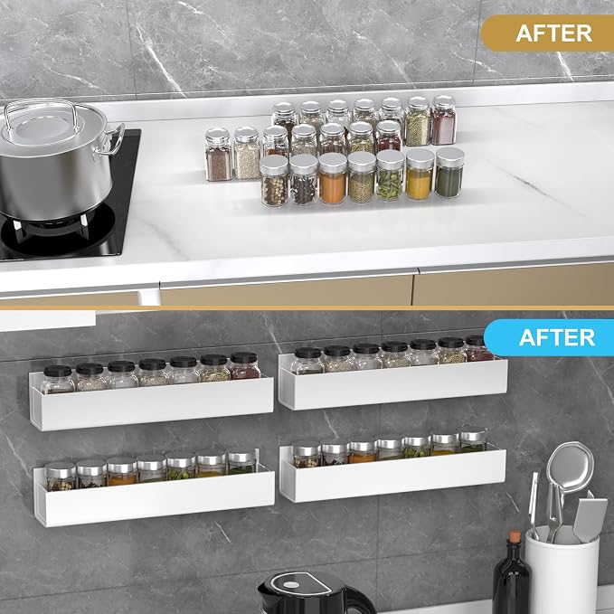 PMMASTO Adhesive Acrylic Spice Rack Organizer for Wall with Nano Double Sided Tape, Spice Shelf Organization for Kitchen Cabinet Door/Pantry Door, Wall Mount Seasoning Rack (White - 4 Pack) - Image 7