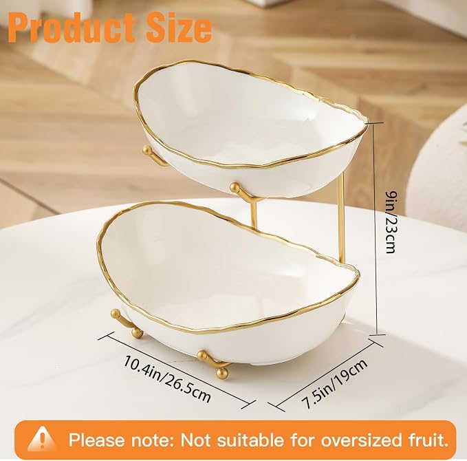 2 Tier Fruit Bowl, Ceramic Fruit Basket for Kitchen Counter | Fruit Holder for Kitchen, with Metal Stand, No Installation Required, Save Space, Easy to Clean, Modern, Gold-rimmed, Small - Image 3