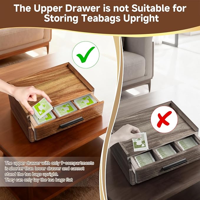 Acacia Wood Tea Bag Organizer with Gift Box, Double-Drawer Tea Box - Tea Accessories for Tea Organizer and Storage Box, Tea Station Chest Caddy for Countertop Cabinet Office(21-Compartment) - Image 4