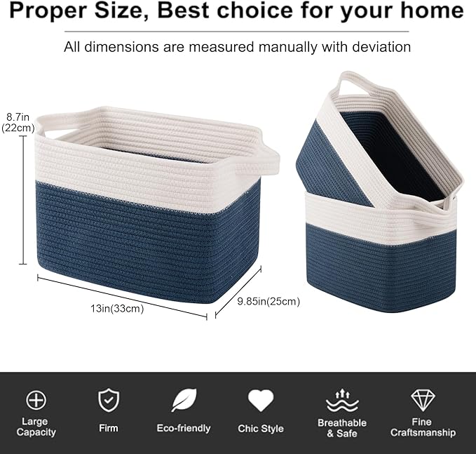OIAHOMY Storage Baskets - Woven Cotton Rope Baskets for Shelves, Toy Towel Organizer Bins, Pack of 3, Blue & White - Image 3