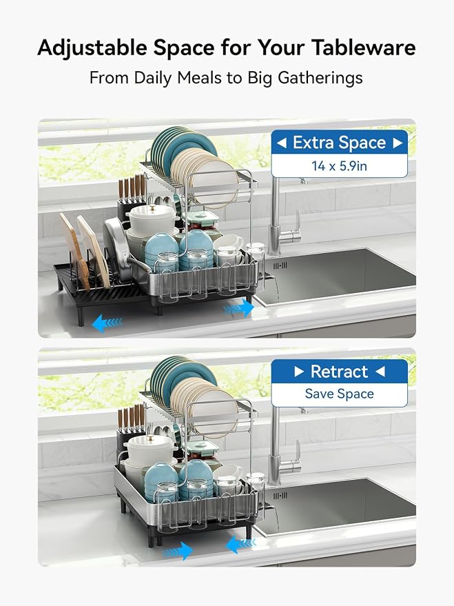 2 Tier Dish Drying Rack, Extra Large Dish Rack, Expandable Dish Racks for Kitchen Counter, Multifunctional Large Dish Drainers for Kitchen Counter, Black - Image 3