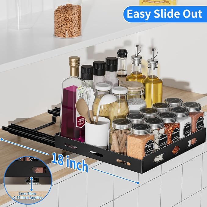 BOIVSHI Pull Out Spice Rack, 10.5''Wx10.5''Dx2.8''H | 1 Tier Spice Racks for Inside Cabinets, Metal Cabinet Spice Organizer for Kirchen, Pantry, Easy to Assemble, Black - Image 6