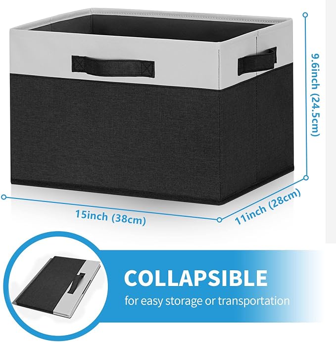 GhvyenntteS Large Storage Baskets for Shelves 6 Pack, Collapsible Fabric Storage Bins with 3 Handles, Decorative Closet Organizers and Storage bins for Clothes Blanket Beddings (Black, 15"x11"x9.6") - Image 3
