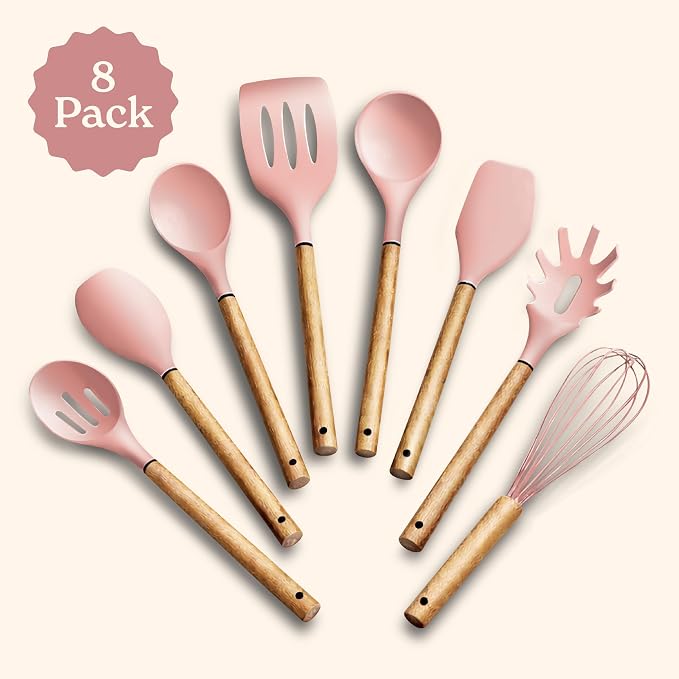 Country Kitchen Non Stick Silicone Utensil Set with Rounded Wood Handles for Cooking and Baking, 8 Piece Set, Pink - Image 2