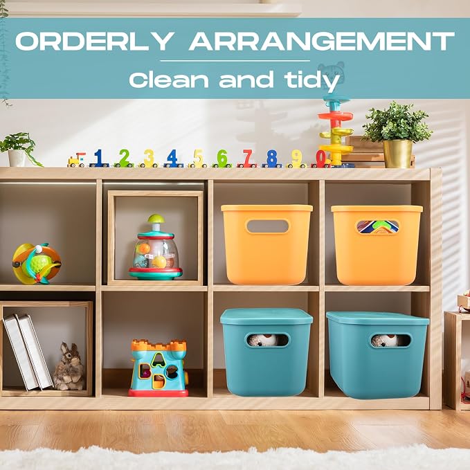8 Pieces Colorful Storage Bins with Lid, Plastic Storage Basket Organizing Container Stackable Box with Handle for Shelves Desktop Playroom Office(10.2 x 7 x 6.3 Inch,Green and Yellow) - Image 6