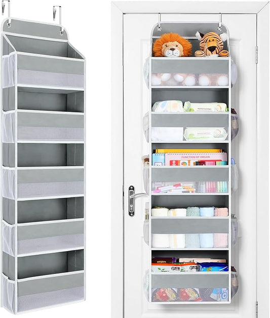Yecaye Over The Door Organizer Storage, 5-Tier Heavy Duty Door Organizers Hanging with 10 Side Mesh Pockets, 44 lbs Load Capacity Behind Door Storage for Bathroom Nursery Bedroom Dorm Closet,Grey,1Pc by Yecaye