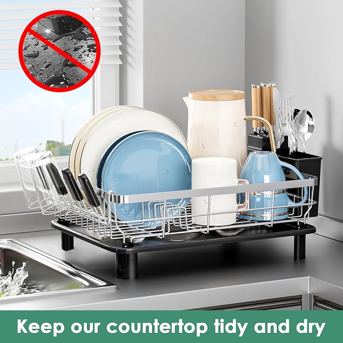 MOUKABAL Stainless Steel Dish Drying Rack for Kitchen Counter, Black Silver | 13×17 Large Capacity/Drainboard with Rotating Spout/Removable Cup & Utensil Holders/Fast Drainage/Countertop Dish Drainer - Image 6