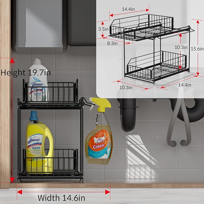 Under Sink Organizers and Storage 2 Pack, 2-Tier Pull Out | Large Black Metal Shelf, Hanging Rail, Kitchen Bathroom Cabinet Organizer, Sliding Storage Drawer for Pantry - Image 2