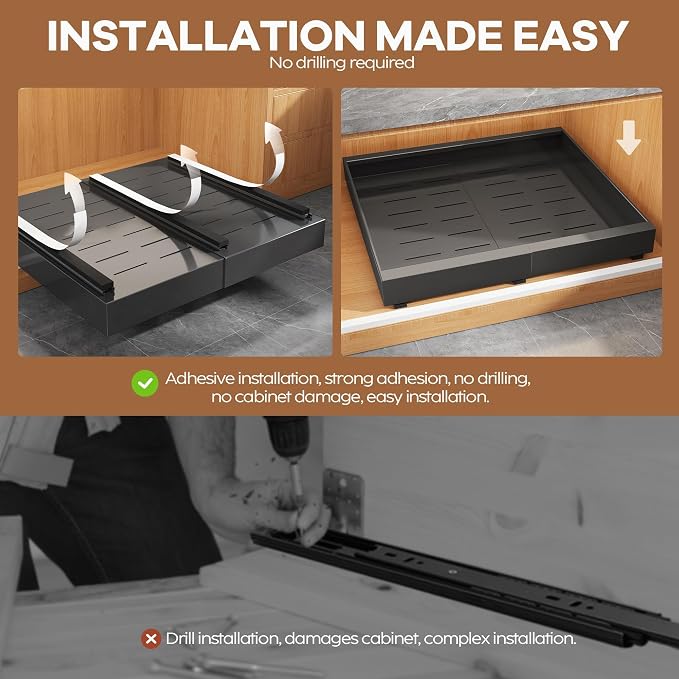 Seinloes 4 Pack Expandable Width (15.15"-26.3") Pull Out Cabinet Organizer 21" Deep with Raising Pad for Framed Cabinets, Upgrade 3 Slide Rails Slide Out Drawers, Roll Out Shelves Adhesive, Black - Image 7