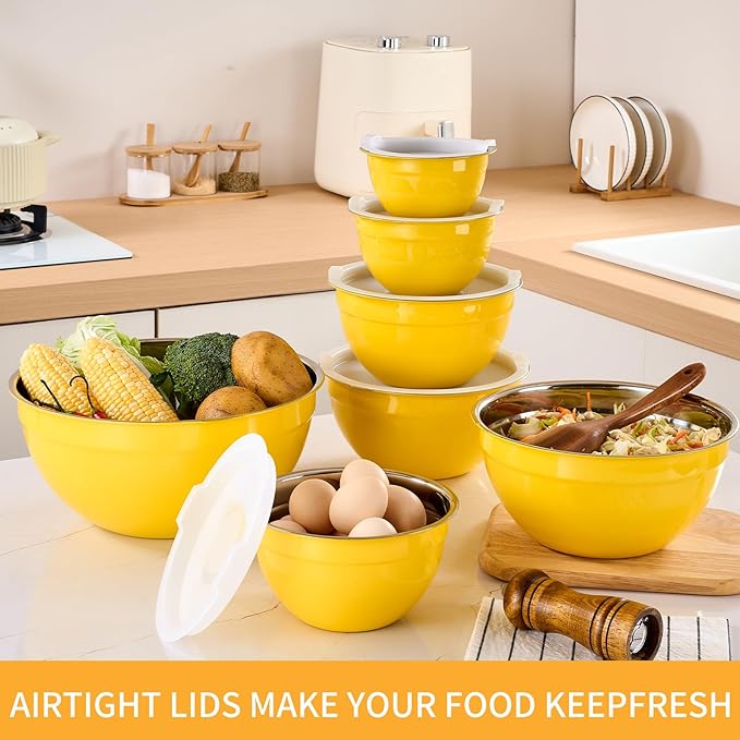 Yellow Mixing Bowls with Airtight Lids, Stainless Steel Nesting Mixing Bowls Set of 7, Ideal for Baking, Prepping and Serving Food, Size 7, 3.6, 2.7, 2.1, 1.5, 1.1,0.8 QT, Stackable Design - Image 6