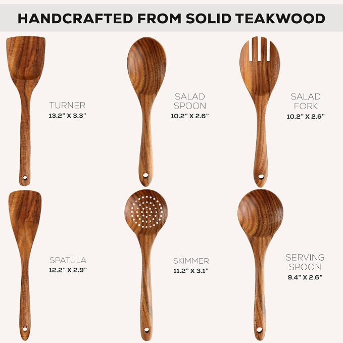 Zulay Kitchen 6 Piece Wooden Spoons for Cooking – Natural Teak Wooden Utensil Set, Easy to Clean, Durable, Smooth with Comfort Grip - Non Toxic Wooden Cooking Utensil Sets - Image 3