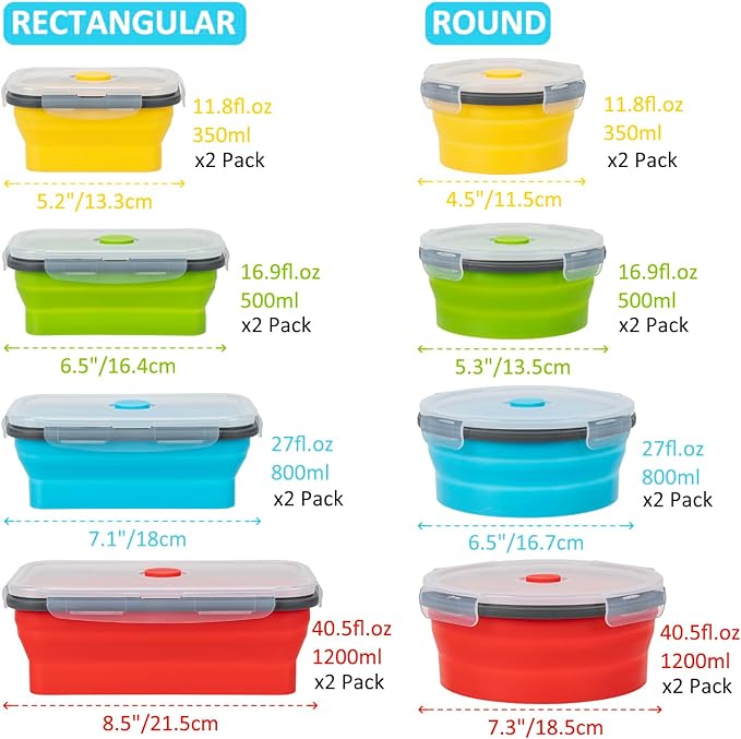 Collapsible Food Storage Containers with Lid & Air Vent, 16 Pack, 8 Rectangular + 8 Round, Annaklin Foldable Silicone Lunch Containers Collapsible Bowls Set, Microwave Freezer Dishwasher Safe, 4-Color - Image 6