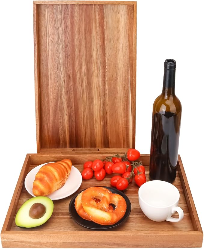 2 PCS Acacia Wood Serving Tray with Handles - 17 x 11.5 Inch Elegant Rectangle Wooden Tray for Food, Decorative Snack Tray, Breakfast and Kitchen Tray, Ideal Wooden Serving Platter for Homes by Geytetqi