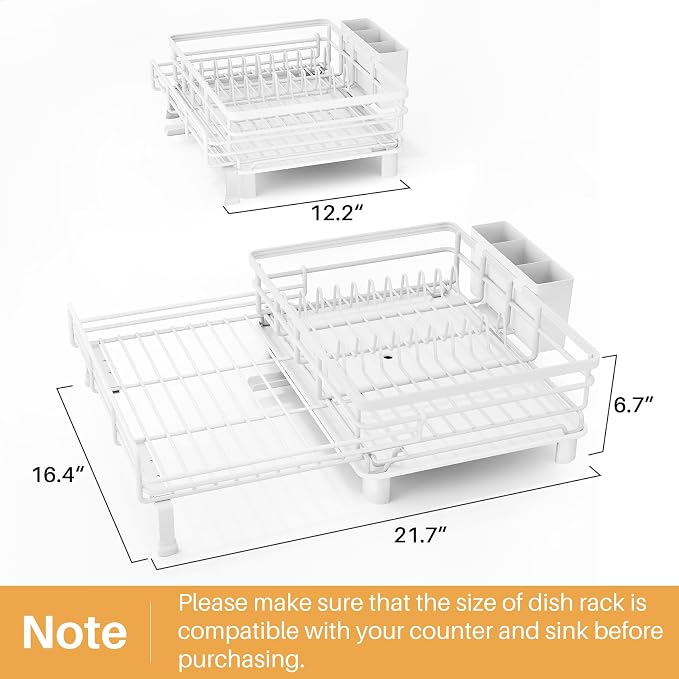 Expandable Dish Drying Rack for Kitchen Counter, Stainless Steel, White | Foldable Over Sink, Large Capacity, Adjust to Fit Most Sinks, Angled Drainboard, Removable Utensil Holder, Slip Resistant - Image 2