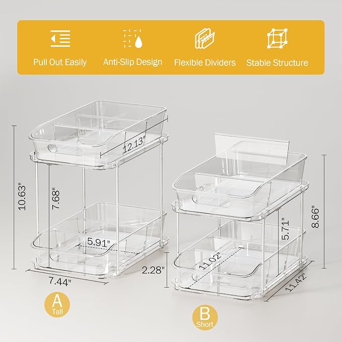 Delamu Bathroom Under Sink Organizers and Storage, 2 Pack, Clear | 2-Tier Multi-Purpose, Stackable, Pull Out Cabinet Kitchen Pantry Organization and Storage with Dividers - Image 2