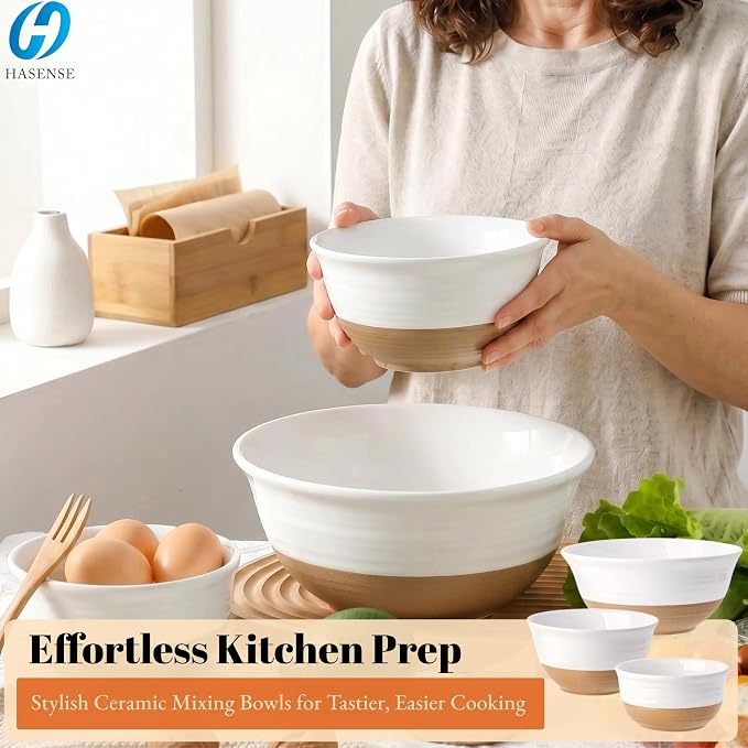 HASENSE Ceramic Serving Bowls, Large Salad Pasta Mixing Bowls Set, 2.1/1.0/0.5 Qt for Entertaining, White Nesting Batter Bowls for Prepping Baking, Dishwasher Microwave Safe, Set of 3 - Image 2