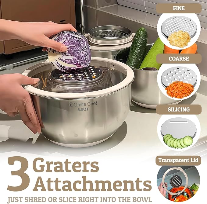 Mixing Bowles Set with Lids Set - Warp-Proof TPR-AS Lids, Stainless Steel Mixing Bowl with 3 Graters & Measuring Lines, Non-Slip Bowls for Baking, Prep, Airtight Food Storage (Khaki 5/3/2/1.5/0.63QT) - Image 2
