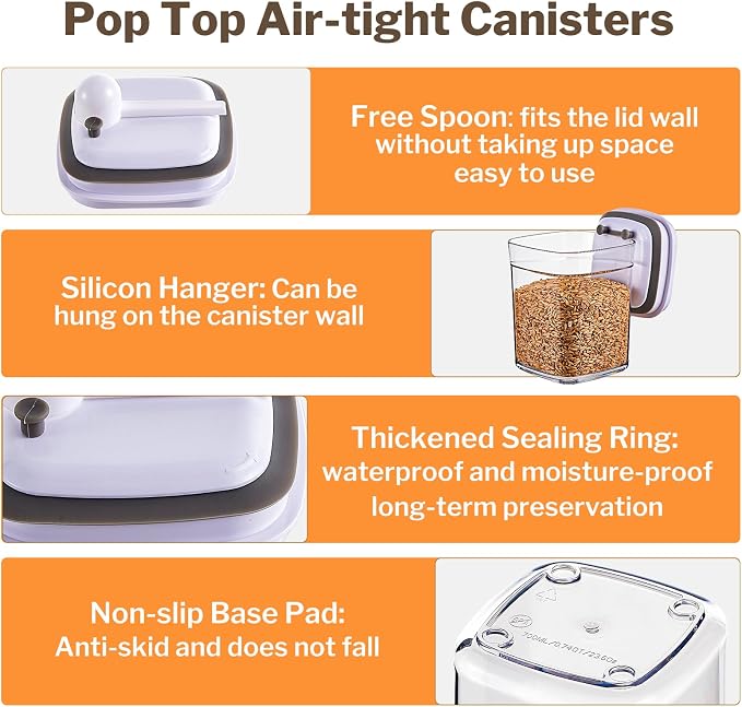 UFORU Pop Airtight Food Storage Containers, 8-Piece Canister Set with Lids | 0.37 Qt x2, 0.74 Qt x3, 1.0 Qt x2, 1.9 Qt x1, One-Touch Opening, BPA-Free, Stackable, Cereal, Rice, Flour, Snacks, Pantry Use - Image 6