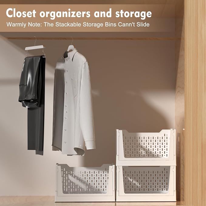 Stackable Plastic Storage Basket, 3 Pack Foldable Closet Organizers and Storage Bins with Wheels, Collapsible Drawer Shelf Storage Box Container for Office Bedroom Closet Wardrobe Kitchen Bathroom - Image 3