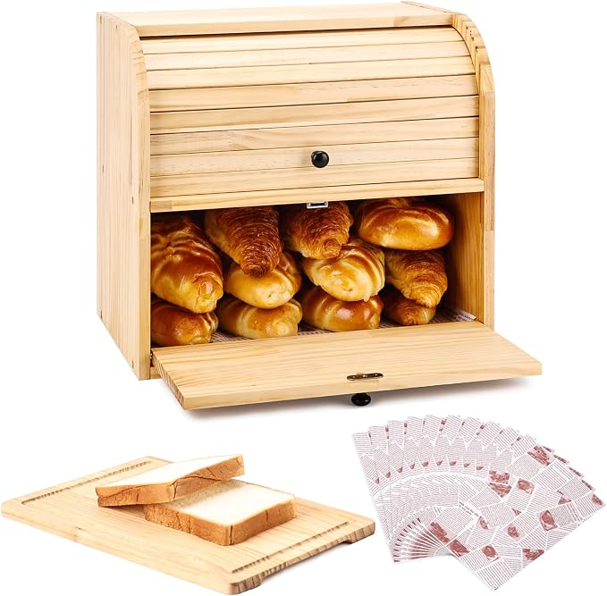 Alpeir Roll Top Bread Box with Cutting Board for Kitchen Countertop | Large Breadbox with Ventilation Holes, Double Layer Pantry Shelf, Wooden Homemade Bread Storage Container, Vintage Farmhouse by AlpeirDirect
