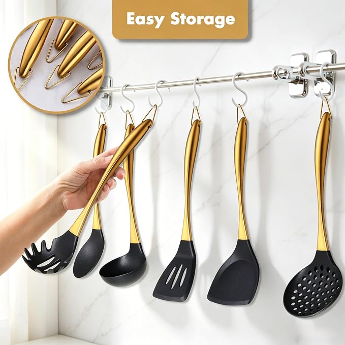 Silicone Cooking Utensils Set, 17pcs Kitchen Utensil Set with Rotatable Holder, Heat-Resistant Silicone Utensils for Cooking, Non-Stick Spatula Set with Stainless Steel Handle,Turner,Ladle (Gold) - Image 6