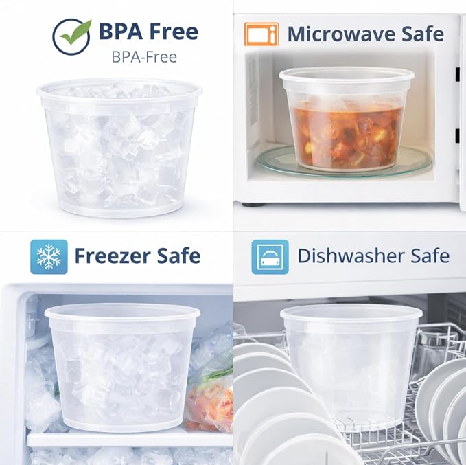 64 oz [20-Pack] BPA Free Microwavable Plastic Deli Containers with Lids | Leak-resistant, stackable and freezer-safe design keeps soups, leftovers and large portions fresh - Image 3