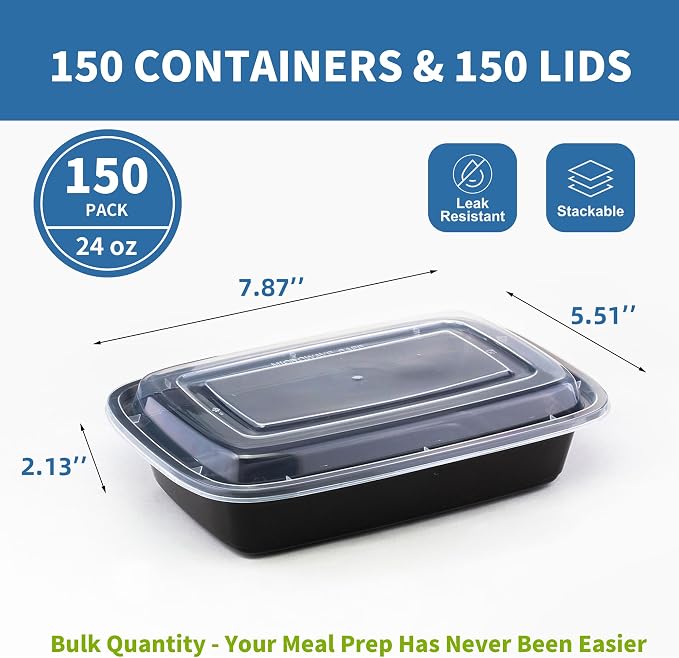 24oz Meal Prep Containers, 150 Sets Disposable Food Storage Boxes with Lids | Heavy Duty, Single Compartment, Leakproof Lids, BPA Free, Microwave Freezer Safe, Plastic To Go Bento Boxes for Lunch Takeout - Image 2