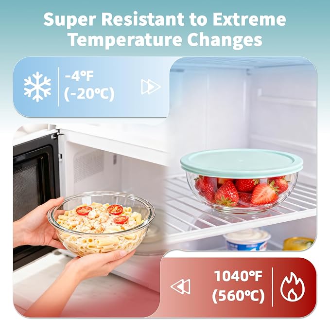 WhiteRhino Glass Mixing Bowl with Lids Set of 5, 0.2, 0.5, 1.1, 2.1, 3.75 QT, Large Salad Bowls with BPA-Free Lids, Space-Saving Nesting Bowls for Kitchen Food Storage, Glass bowl for Cooking, Baking - Image 5