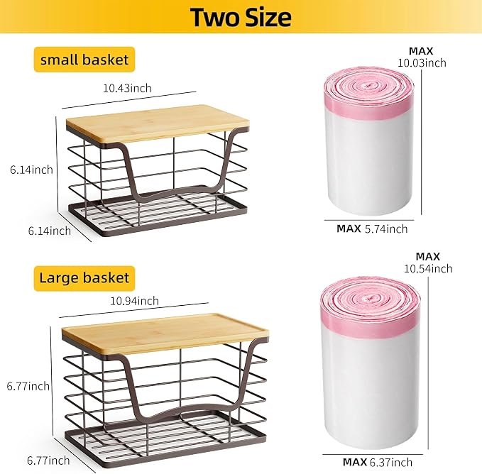 ALOCEO 2 Pack Stackable Wire Storage Basket with Bamboo Lid, Stainless Steel Extra Large Trash Bag Dispenser Roll Holder for Kitchen Sink, Laundry, Pantry Organizer and Storage, Brown - Image 3