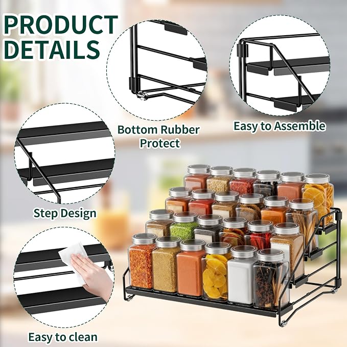 4 Tier Spice Rack Standing, Adjustable Metal Spice Rack No Drilling Spice Rack Organiser Black Spice Racks for Kitchen Cabinet Bathroom Worktop (2/3/4 Levels) - Image 3