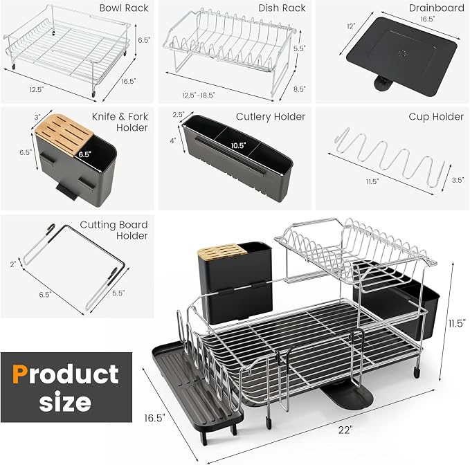 GOFLAME Dish Drying Rack with Drainboard, 2-Tier Detachable Dish Rack with 360°Swivel Spout, Utensil Holder, Cup Holder, Large Capacity Dish Drainer Set for Kitchen Counter - Image 7
