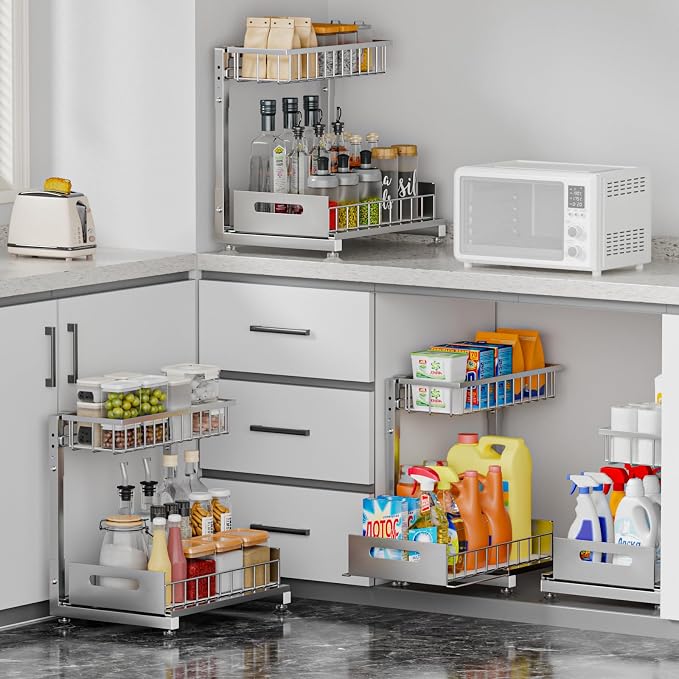 L-Shaped Under Sink Organizer, 2-Tier Pull-out Cabinet Rack 1-Pack | Grey Height-Adjustable Steel Rack, Sliding Grid Drawers with PP Liners, Holds 100 Lbs, Suction Base, Ideal Kitchen Storage - Image 3