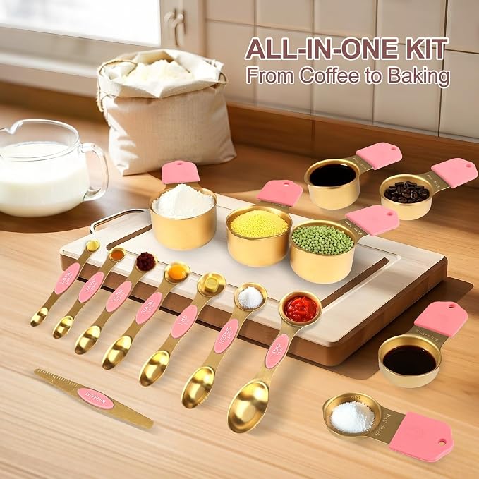 16-Piece Magnetic Measuring Cups & Spoons Set, Stainless Steel, Pink & Gold | 7 Silicone-Grip Cups, 8 Metal Spoons, 1 Leveler, US and Metric Marks for Dry & Liquid Ingredients, Kitchen Essentials Gadgets - Image 6