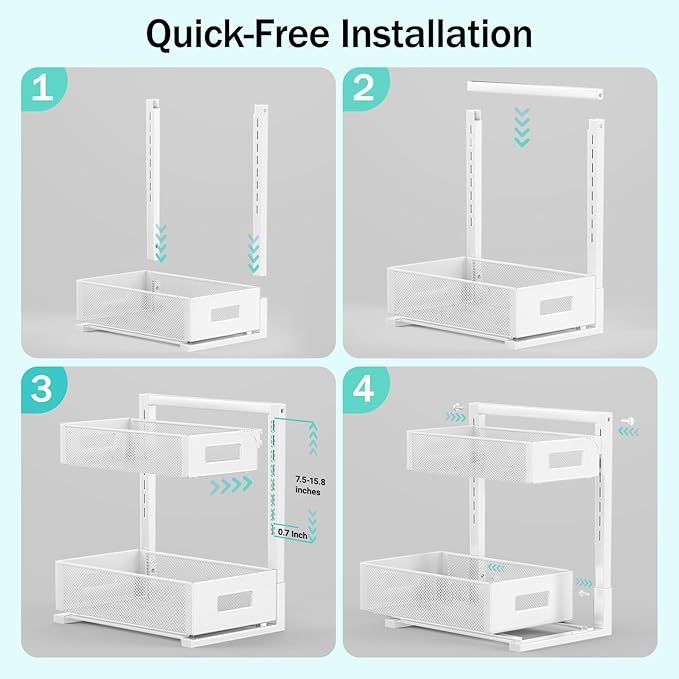 Petiza Under Sink Organizer Adjustable Height 2 Tier Bathroom Organizer Pull Out Cabinet Organer kitchen organizers and storage fridge organizers and storage,White,XL-1 Pack - Image 9