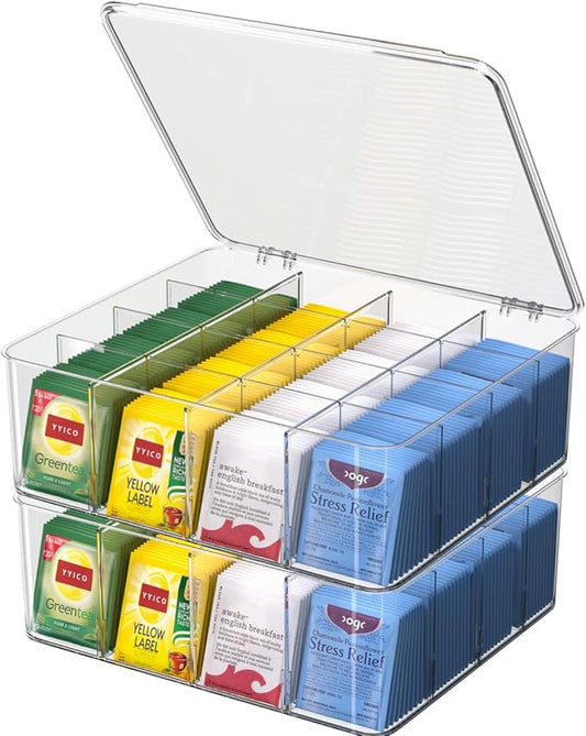 Tea Bag Organizer with Lid: Plastic Storage Bin - 16 Compartments with Removable Dividers, Stackable Pantry Storage Box for Drawers, Countertops, Fridge, Kitchen (2 Pack) by Weaccompanyyoueverymoment
