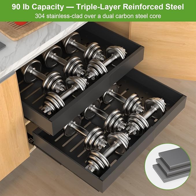 2-Pack Expandable Pull Out Cabinet Organizer 21"Deep(12.2"-20.5"W), 3 Full Extension Glides Slide Out Drawers, Roll Out Shelves Adhesive Raising Pad,Compatible Framed Cabinets,90lb Cap,Black - Image 5