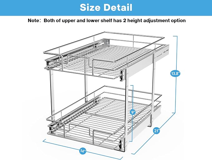 LOVMOR Individual Pull Out Cabinet Organizer, 2 Tier Slide Out Cabinet Drawers, Pots and Pans Organizer and Storage Pantry Shelf for Kitchen (14" W x 21" D) - Image 4