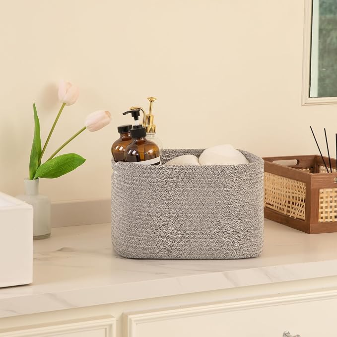 OIAHOMY 4 Pack Storage Baskets for Organizing, Cube Storage Bins for Shelves, Rectangle Storage Baskets With Handles, Woven Baskets for Storage, 16''Lx12''Wx8''H, Grey - Image 4