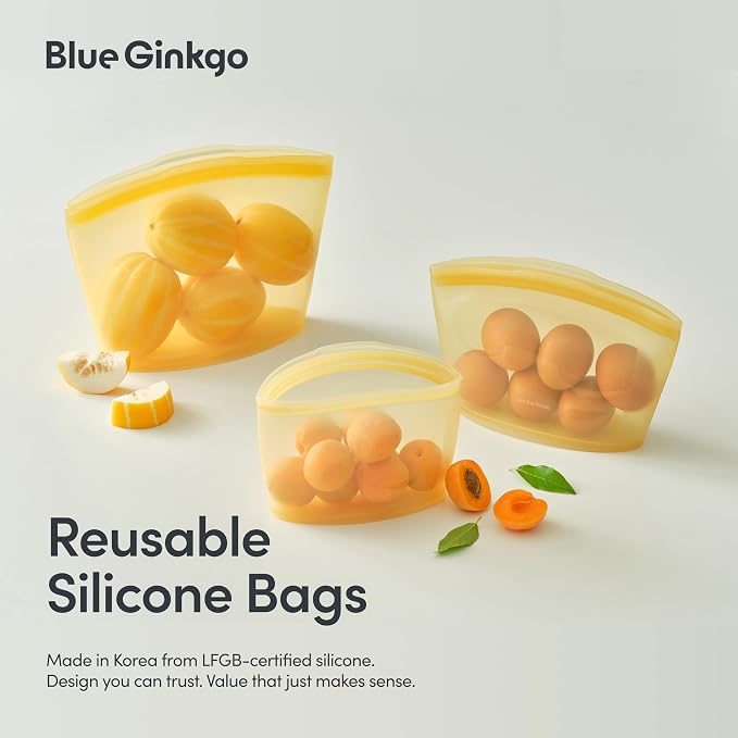 Blue Ginkgo Silicone Food Storage Bags, 3-Pack, Reusable, Made in Korea | Leakproof. Stand Up. Freezer and Dishwasher Safe. (Pumpkin) - Image 2
