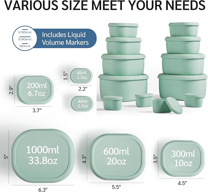ISSEVE 12Pcs/Set Nesting Silicone Food Storage Containers with Lids | BPA-free, Reusable, Meal Prep Containers, Small Freezer Portions, Dishwasher Cleaning, Nested Cabinet Storage, 5 Sizes, Green - Image 4