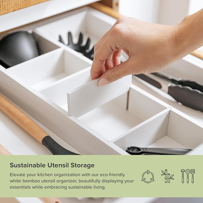 Utensil & Junk Drawer Organizer, 16-28 in, White Bamboo | Food-safe contract grade, 100% sustainable wood, non-slip, adjustable - Image 4
