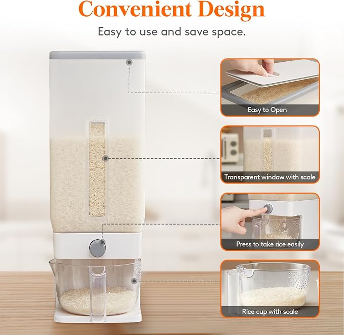 Lifewit Rice Dispenser 25 Lbs, Airtight Storage with Cup, 2 Pack Clear | BPA-Free 11.3kg Capacity Storage Container for Beans, Corn & Other Small Grains, One-Press Dispensing Bin for Kitchen Pantry - Image 4