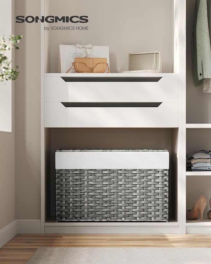 SONGMICS Storage Basket with Lid, Woven Blanket Storage Bin with Handles, Foldable, Removable Liner, Metal Frame, for Bedroom, Laundry Room, 27.7 Gallons (105 L), Gray URST066G01 - Image 2