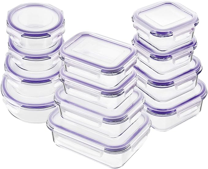 Bayco Glass Food Storage Containers with Lids, [24 Piece] Meal Prep Containers, Airtight Bento Boxes, Leak Proof (12 lids & 12 Containers) - Purple by Bayco