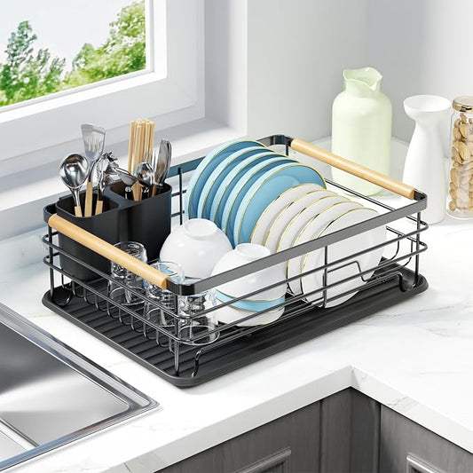 Dish Racks for Kitchen Counter: Wooden Handles, Thickened Metal, No Assembly. Small Dish Drying Rack: Ideal for Small Households. Drying Rack Kitchen: Black by Jouzevic