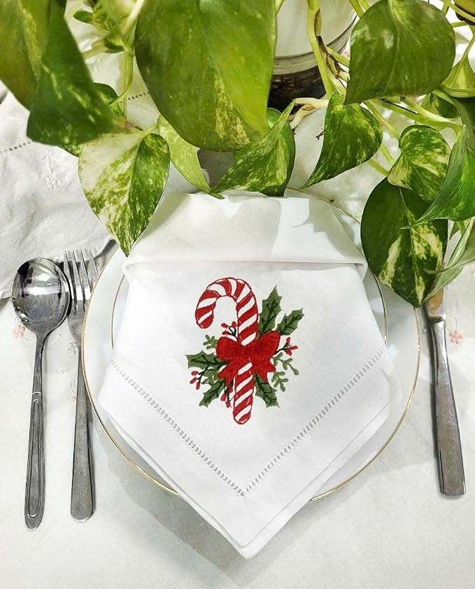 – Embroidered Cloth Napkin Candy Christmas Design, Set of 6 100% Cotton Hemstitch Table Napkins 18x18, Machine Washable – Festive Holiday & Everyday Dining, Great Gift Ideas - Image 5