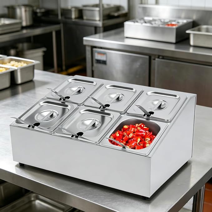 Telescoping Pizza Topping Station Condiment Container Food Prep Holder | 6 Pans & 6* Spoons Stainless Steel Container Set Ingredients Holder Spice Organizer Rack for Kitchen Pizza Oven Accessories - Image 6